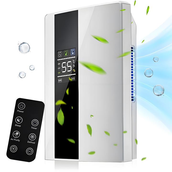 Dezumidificator Inteligent Portabil Ultra Silentios, SANSES, cu Telecomanda, Functie Inteligenta Dezghetare si Oprire, Termometru si Termostat, Display LED, Indicator Rezervor Plin, Capacitate 2.5L, 21-30㎡, 65W, 28x18.5x41.5cm, Alb/Negru