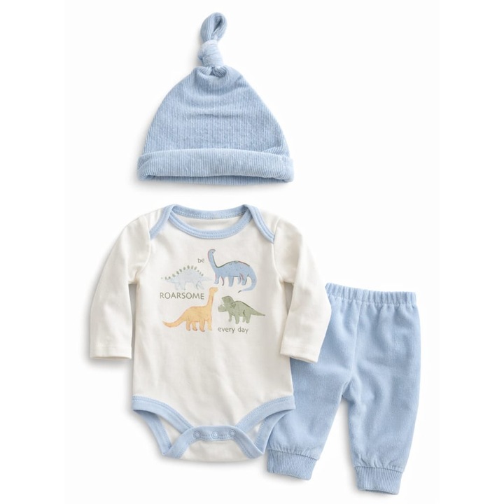 Compleu 3 piese baieti, OMS, bumbac/catifea, albastru deschis, 0-3 luni, 56-62 cm