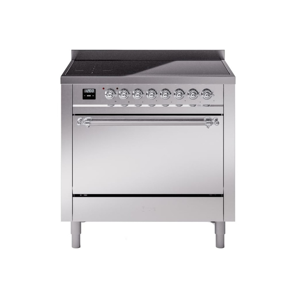 Aragaz pe inductie premium ILVE, Nostalgie, 90 cm, clasa A+, 6 zone de gatire, functie Bridge, cuptor electric 97 litri, design vintage, timer, usa cuptor cu 3 straturi de sticla, gatire ECO, dezghetare, 15 functii de gatire multiple, inox/argintiu