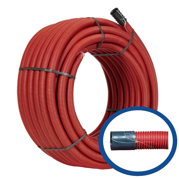 Copex / tub riflat PEHD Elcor, D exterior 63 mm, 450 N, cu fir de tragere, cu perete dublu, rola 50 m