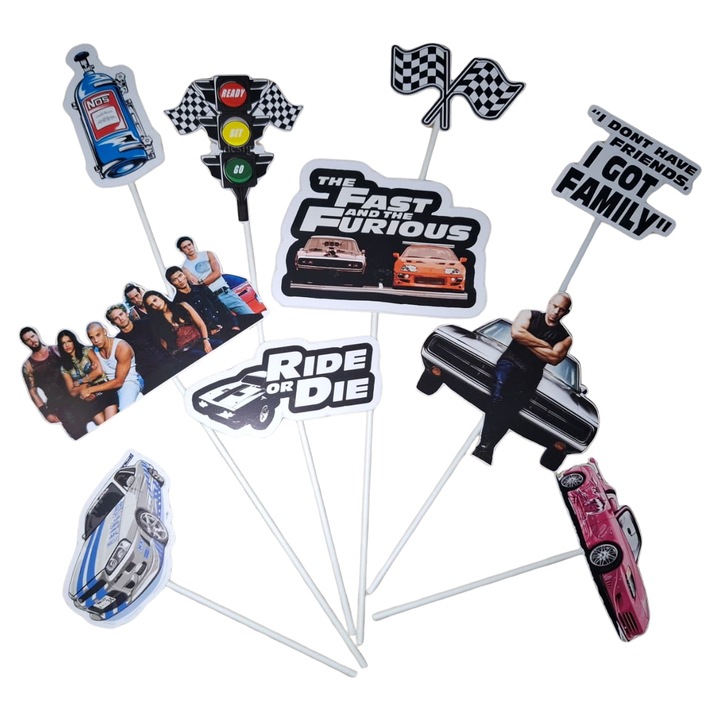 Decoratiune topper tort carton, tematica Furios si Iute (Fast and Furious), aniversare - 10 piese