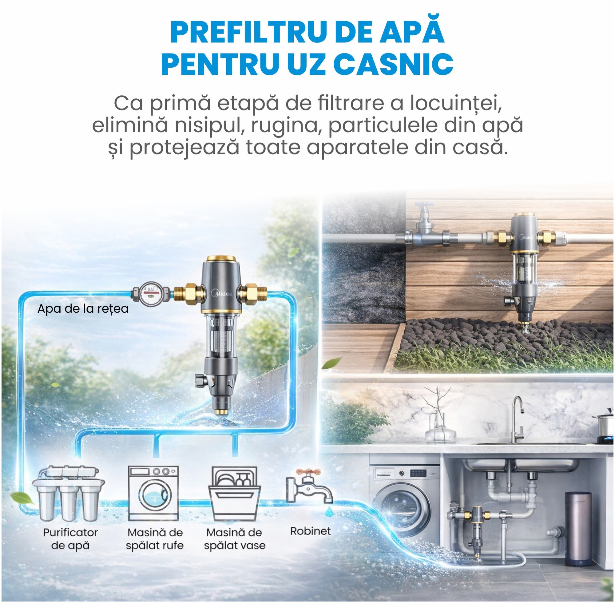 Prefiltru de apa de uz casnic Midea, debit: (3T/H), sita filtrare