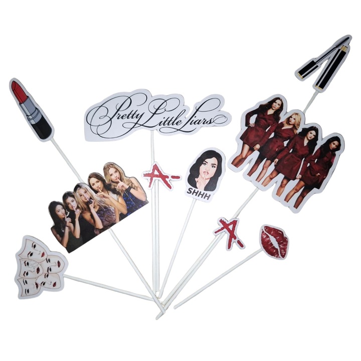 Decoratiune topper tort carton, tematica Micutele mincinoase (Pretty Little Liars), aniversare - 10 piese