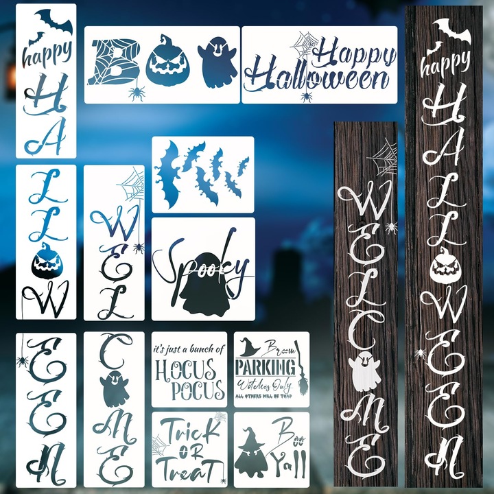 Sabloane Halloween, 13 buc, cu desene diverse, reutilizabile, pentru pictura pe lemn