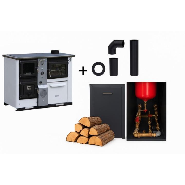 Pachet Cazan combustibil solid SENKO Tamara 25kW, alb, putere 25kW, racord drept, accesii complete