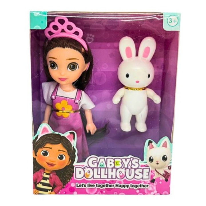 Set Papusa Gabby’s Dollhouse cu Figurina Iepuras, Rochita Roz, 15 cm, Jucarie pentru Copii, 3+
