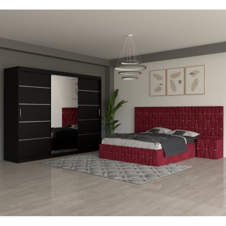 Set dormitor CELA Eric, roșu, pat 180x200cm, dulap negru 250x60x200cm, noptieră 48x42x33cm