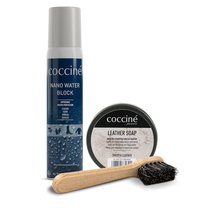 Set de impregnare si Sapun special pentru pantofi si articole din piele, Coccine, spray Nano Water Block 100 ml, Sapun LEATHER SOAP 50 ml, universal pentru piele, textile si piele neteda