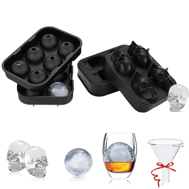 Szilikon jégforma, Minetgnon®, Gömb/Koponya jégkocka modell, Tölcsérrel, Hűtött koktélokhoz, whiskyhez, gyümölcsléhez, 2 db, Fekete