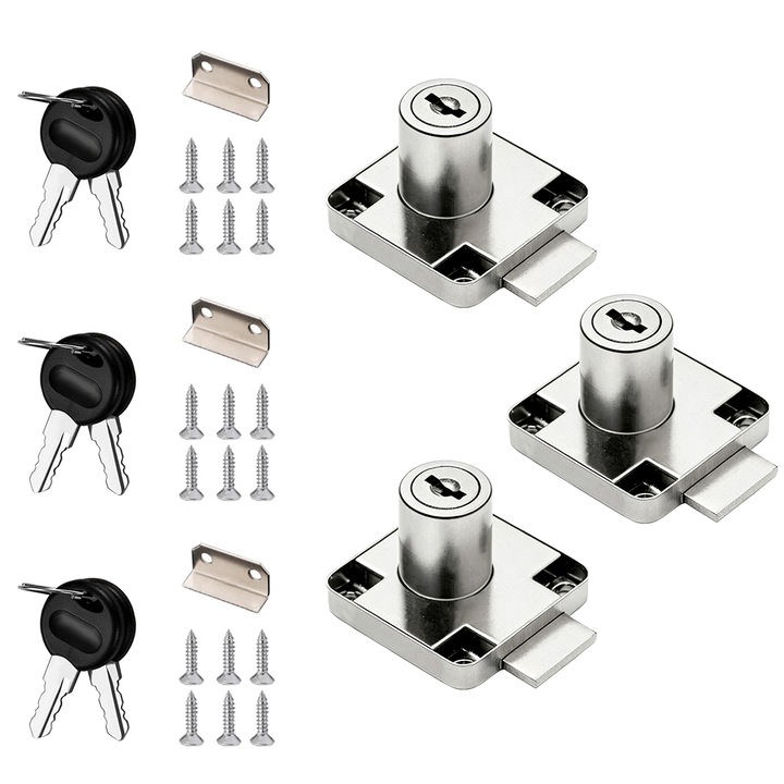 Bútorszéf zár, Minetgnon®, Cilinderrel és 6 kulccsal, Könnyű beszerelés, 22 mm hengerhossz, Kopásálló, Nem fakul könnyen, Tökéletes fiókokhoz, íróasztalokhoz, Hidegen hengerelt acél, 3 db, Ezüst