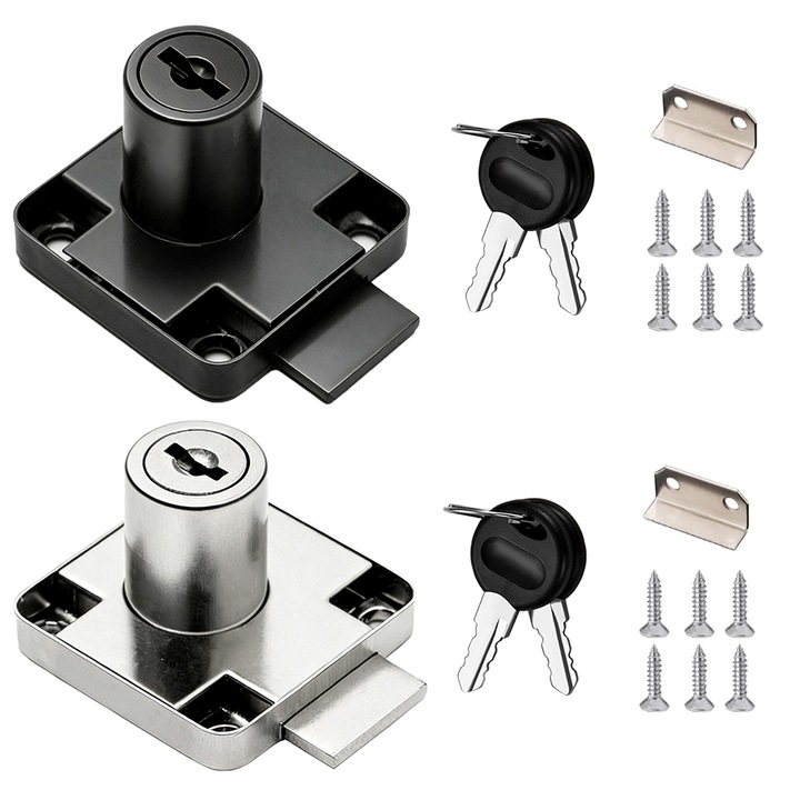 Incuietoare pentru mobilier, Minetgnon®, Cu butuc si 4 chei, Instalare usoara, lungime cilindru 22 mm, Rezistenta ia uzura, Nu se estompeaza usor, Perfect pentru Sertare, Birouri, Otel iaminat ia rece, 2buc, Negru/Argintiu