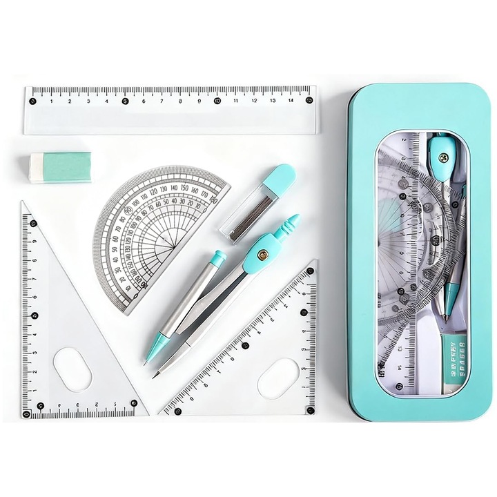 Set instrumente de geometrie, Minetgnon®, Papetarie, Cu rigla/echere/raportor/busola/Mina de creion/radiera, Pentru desen geometric/examinare, Plastic/Metal, 180x79mm, Albastru