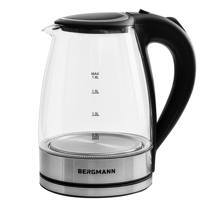 Fierbator electric sticla BERGMANN ZH003, 1,8L, 2200W, baza inox, capac pe buton, iluminare LED, 21x16x22cm