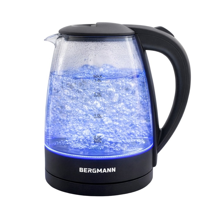 Fierbator electric BERGMANN ZH001, 1,8L, 2200W, sticla, negru, 21x16x22cm