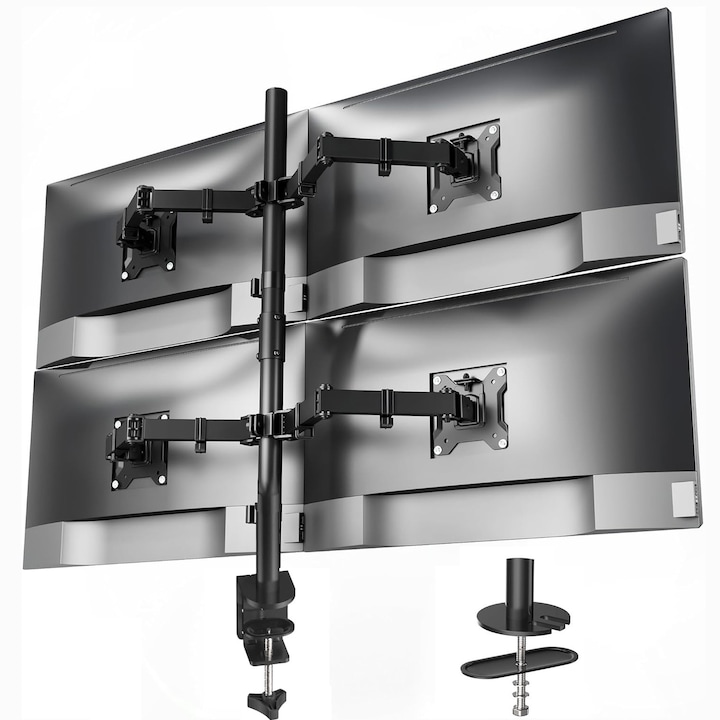 Suport 4 Monitoare pentru Birou 13-32 inch, Bedee, pentru Productivitate, Multitasking, Munca, Gaming, Organizator Cabluri, Instalare Usoara, Ergonomic, VESA 75x75 / 100x100, Pana la 10 kg per brat, Prindere cu Clema/Surub, Negru