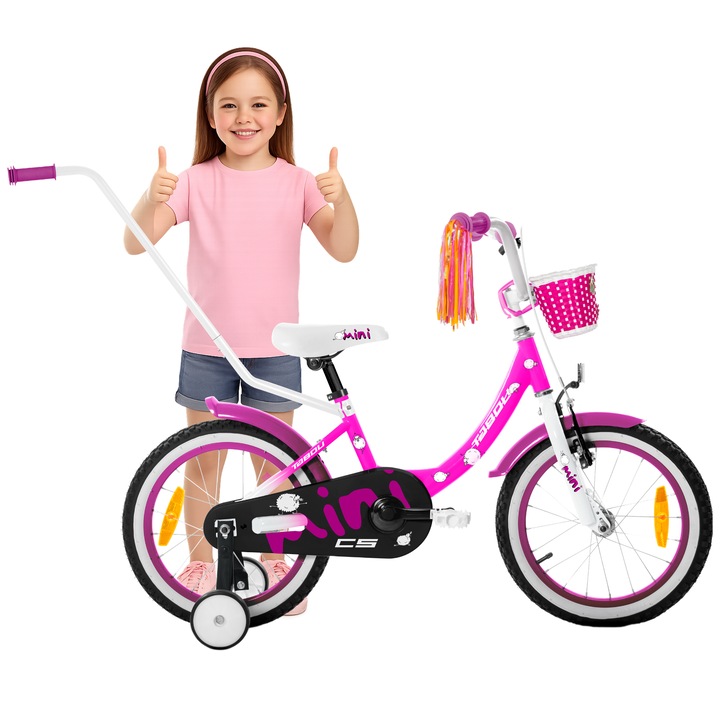 Bicicleta copii TABOU MINI CS ALU 16'', roz-alb, cadru aluminiu, frane V-brake, 2-8 ani