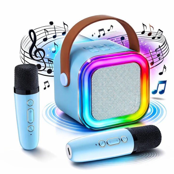 Boxa Portabila K12 Bluetooth 5.3, 2 Microfoane Wireless, Lumini RGB - Set pentru Karaoke, Albastru