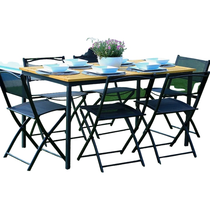 Masă de grădină cu scaune, metal/lemn, negru/maro