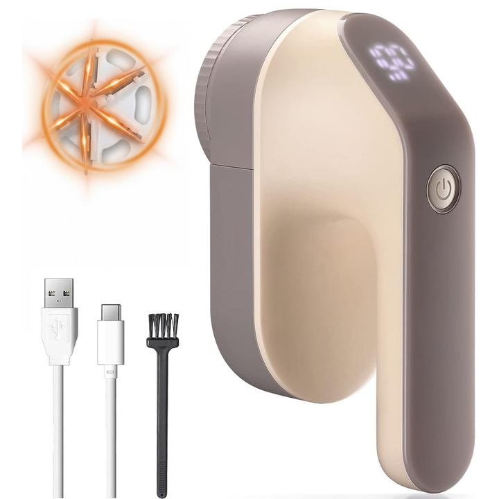 Електрически уред за премахване на власинки Aurov®, 3 скорости, 6 остриета от неръждаема стомана, LED дисплей, USB-C, за дрехи и мебели, преносим и подходящ за пътуване, бежов