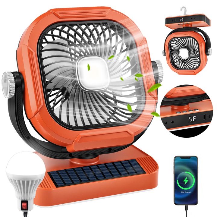 Ventilátor kempingezéshez LED lámpával, Goxawee, G5334, Alkalmas piknikre, otthoni dekorációra, horgászatra, utazásra, grillezésre, sátrakba, Narancs/Fekete
