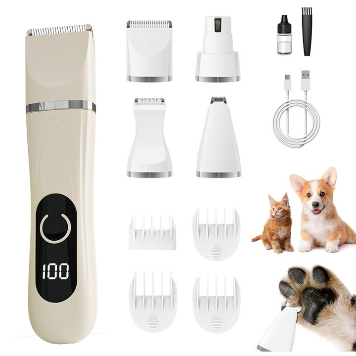 Nunbell 4 in 1 Masina de tuns animale pentru caini si pisici, Fara fir, Lama Ceramica, Acumulator 1500mAH, 7000RPM, Silentioasa, Accesorii Incluse, Alb