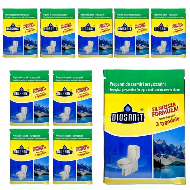 Set 9 Pliculete Biosanit pentru Fose Septice, 30g, Incolor, Eficient în Eliminarea Mirosurilor Neplăcute