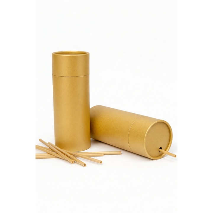 Dispenser auriu tip solnita pentru paie de baut din tulpini de grau 19 cm, reincarcabila, contine 100 de paie