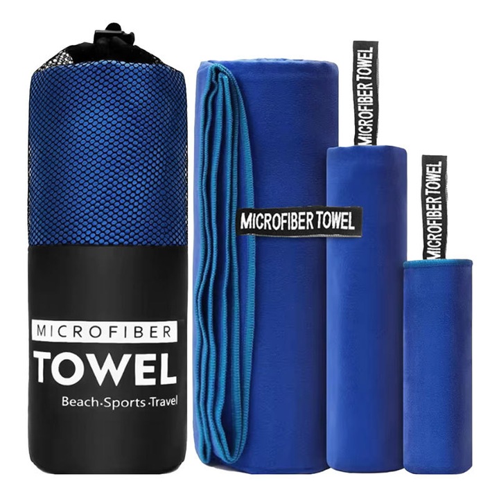 Pachet de trei prosoape sport din microfibra, usoare si cu uscare rapida, potrivite pentru plaja, sala, sport, yoga si inot. Albastru