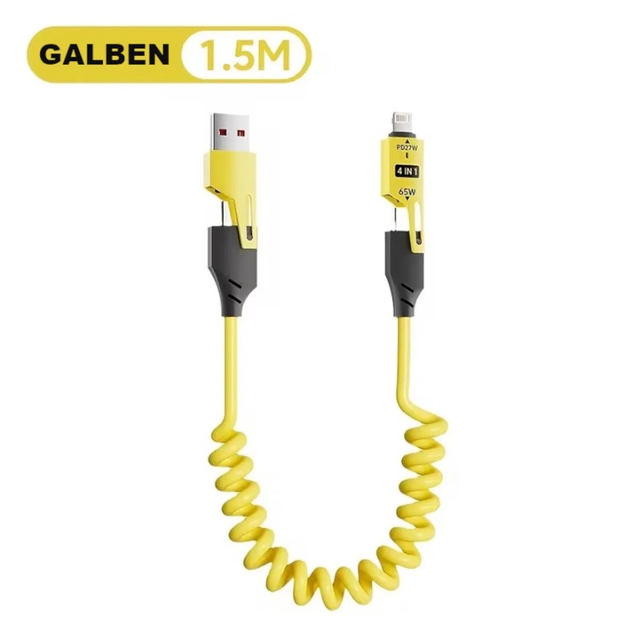 Cablu de Date 4 in 1 cu Incarcare Rapida - USB, Lightning si Type -C - Flexibil si Compact, 1,5m, Galben ABYZ