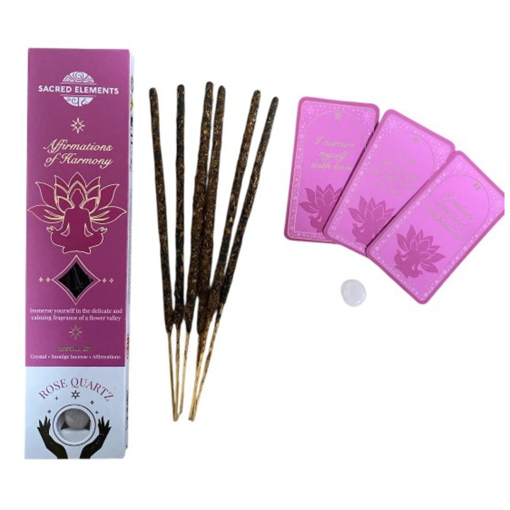 Illatos füstölőpálcák, Sacred Elements, Harmónia megerősítő rituálé készlet, Rózsakvarc, 12db