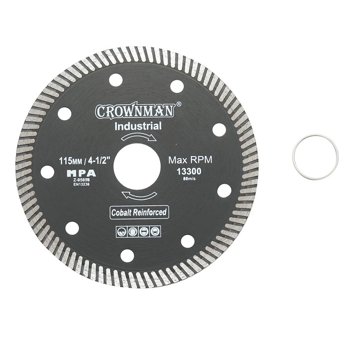 Disc diamantat turbo 115x22.23x1.35mm, viteza max. 13300rpm, taiere umeda/uscata pentru piatra, placi ceramice Crownman