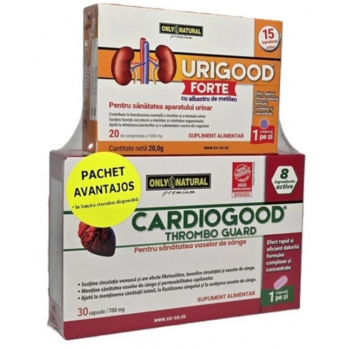 Pachet Suplimente Nutritive Cardiogood Thrombo Guard 30 capsule + Urigood Forte 20 comprimate, multivitamine, pentru sănătatea cardiovasculară și rinichi, Only Natural