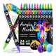 Set 24 markere 48 culori intense, Varf dublu 1–5 mm pentru detalii si contururi, Vopsea acrilica pe baza de apa, impermeabila, Pentru piatra, sticla, lemn, hartie si proiecte DIY