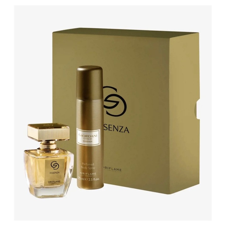 Set cadou parfumat Oriflame Giordani Gold Essenza, parfum floral-lemnos, deodorant spray elegant, ideal pentru uz zilnic, 158x37x37mm
