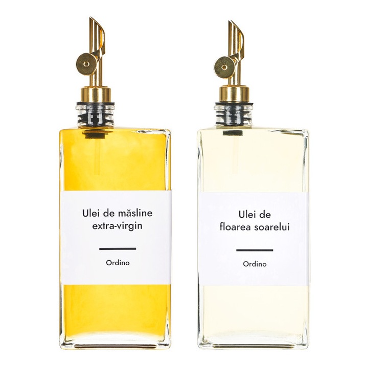 Set 2 sticle ulei si otet, Ordino, cu picurator, patrate, etichete RO incluse, organizare lichide, turnare precisa