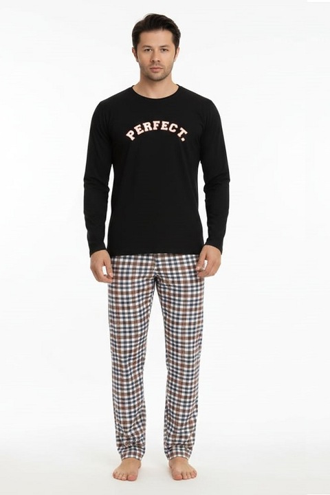 Pijamale barbati, 2 piese, bumbac cu poliester, Pijamania, Negru