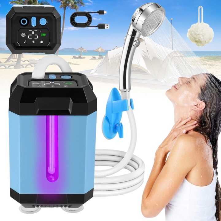 Hordozható kemping zuhany, Bedee, 5400mAh, UV fény, kék/fekete