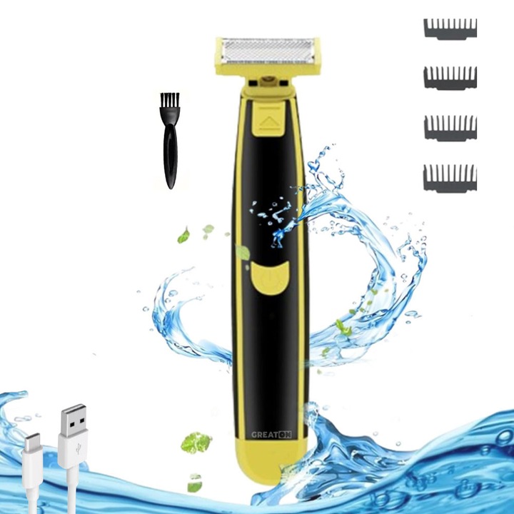 Mașină de tuns GREATON, aparat de ras reîncărcabil USB, 4 accesorii 1x2x4x6mm, negru/galben