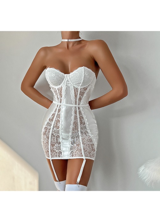 OBRO® Privé Szexi Fehérnemű Push-Up-pal - Erotikus Csipke Mini Ruha, Chokerrel, Fehér
