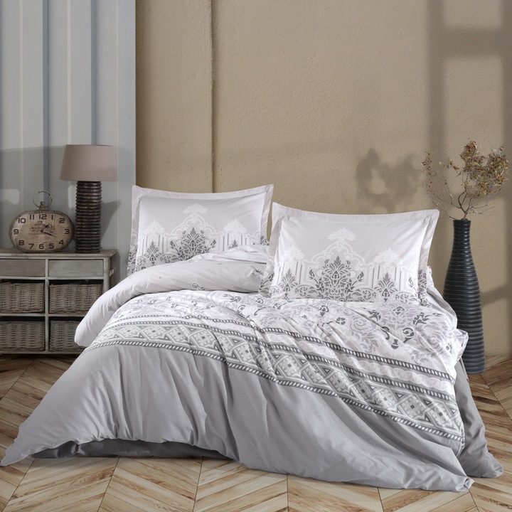 VINTA szürke, 100% pamut Ranforce extra nagy méretű dupla ágynemű garnitúra, 4 részes, 240x260 cm-es lepedő, 200x220 cm-es paplan, 2 db 50x70 cm-es párnahuzat