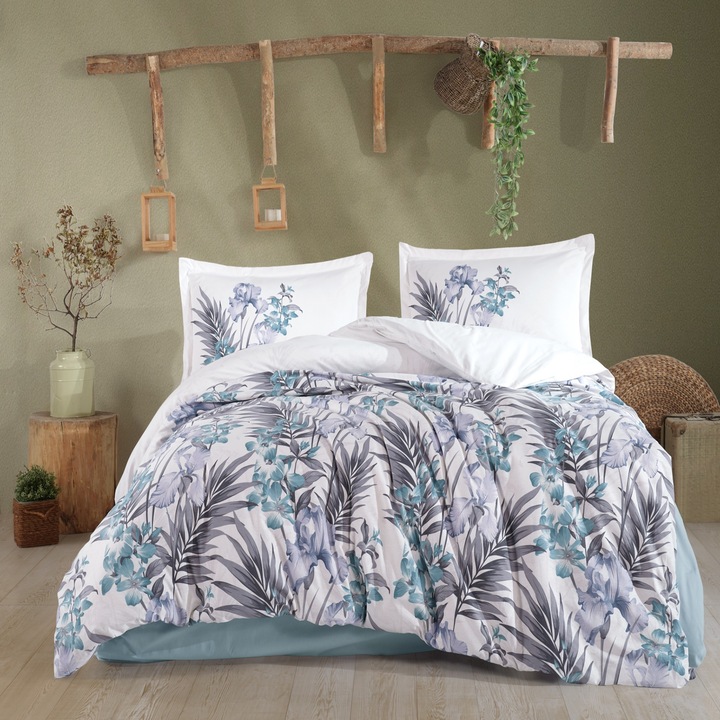 Dupla ágynemű 100% Ranforce pamut 4 részes extra nagy, lepedő 240x260 cm, paplan 200x220 cm, 2 párnahuzat 50x70 cm, Fehér/Sötétkék LILYUM