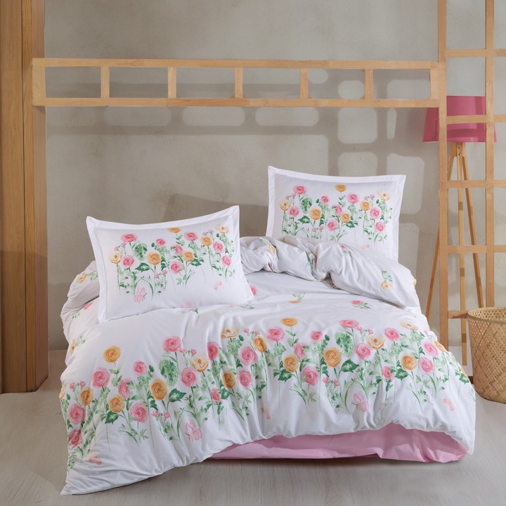 Dupla ágynemű 100% pamut Ranforce 4 részes extra nagy, lepedő 240x260 cm, paplan 200x220 cm, 2 párnahuzat 50x70 cm, Fehér/Rózsaszín ROSELIN