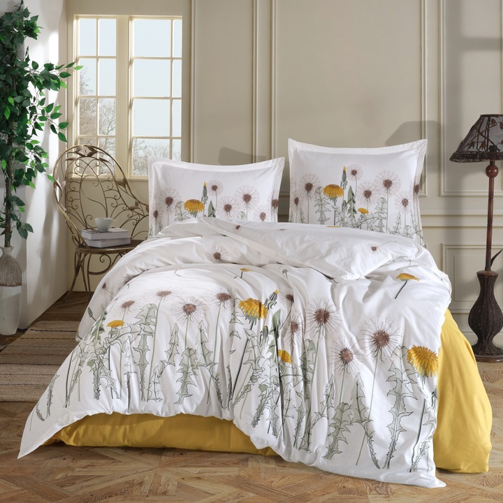 Dupla ágynemű 100% Ranforce pamut 4 részes extra nagy, lepedő 240x260 cm, paplan 200x220 cm, 2 párnahuzat 50x70 cm, Fehér / Sárga DIBA