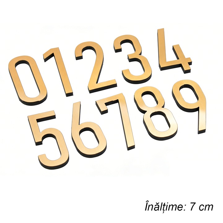 Numere autoadezive pentru usa 0-9, Design Geometric Modern, Font Sans Serif, Inaltime 7 cm, Auriu
