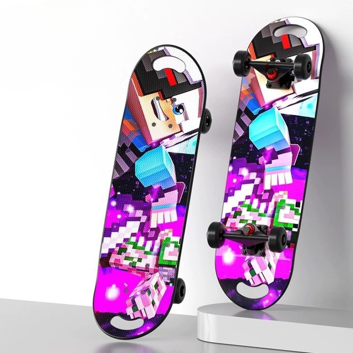Skateboard Cu Roti Luminoase LED, Deck Rezistent, Antiderapant, Design Double Rocker, Pentru Copii Si Adulti, Max 100 Kg - Usor, Stabil Si Distractiv, Model Pixel Gamer