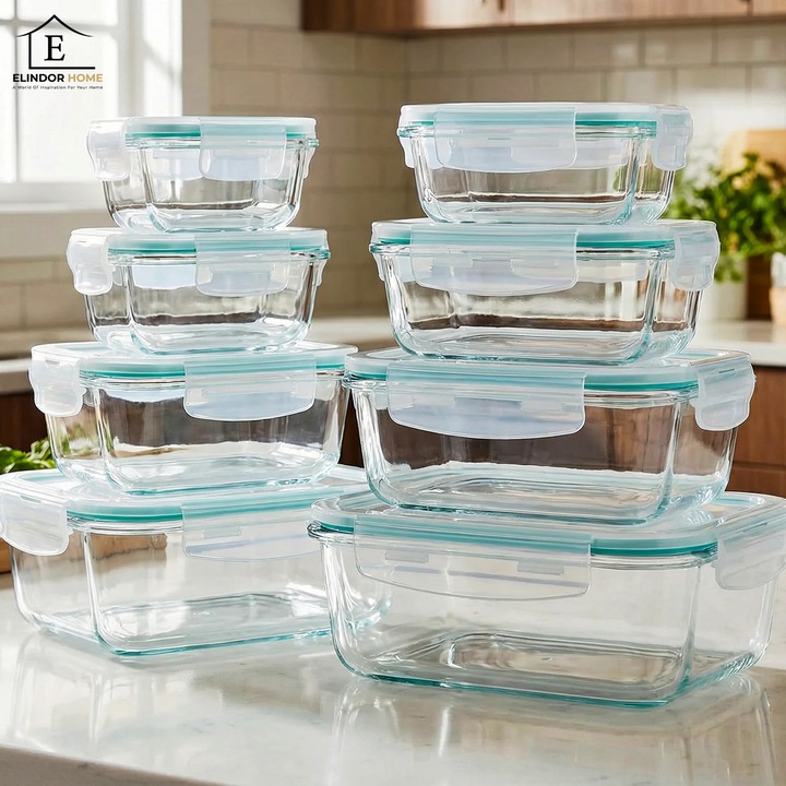 Комплект от 8 стъклени кутии Elindor®, контейнери за съставки за кухня, за сухи храни, контейнер за съхранение на захар, кафе, паста, зърнени храни, херметичен капак, подходящ за фризер, прозрачен