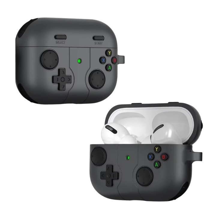 Husa Compatibila AirPods 4, Silicon Premium, Design Consola Gaming 3D, Protectie Anti-Zgarieturi si Anti-Soc, cu Carabiniera, Negru