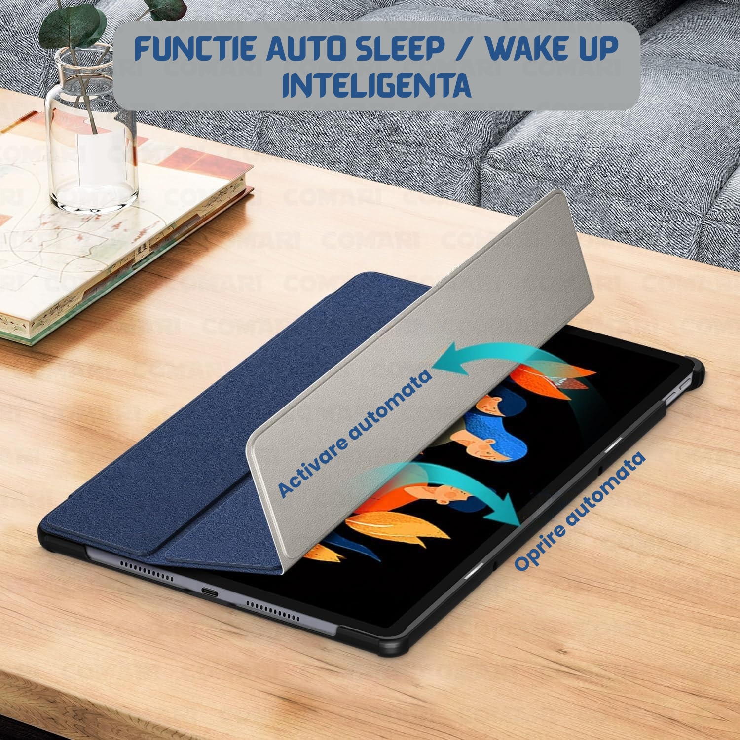 Husa pentru Lenovo Idea Tab Plus 12.1 Comari® EliteCover, protectie completa, functie stand multipla, design elegant tip carte, Albastru