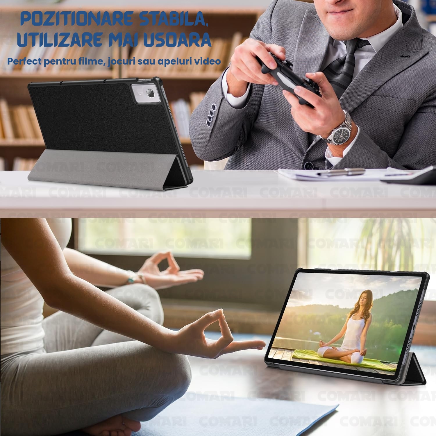 Husa pentru Lenovo Idea Tab Plus 12.1 Comari® EliteCover, protectie completa, functie stand multipla, design elegant tip carte, Albastru