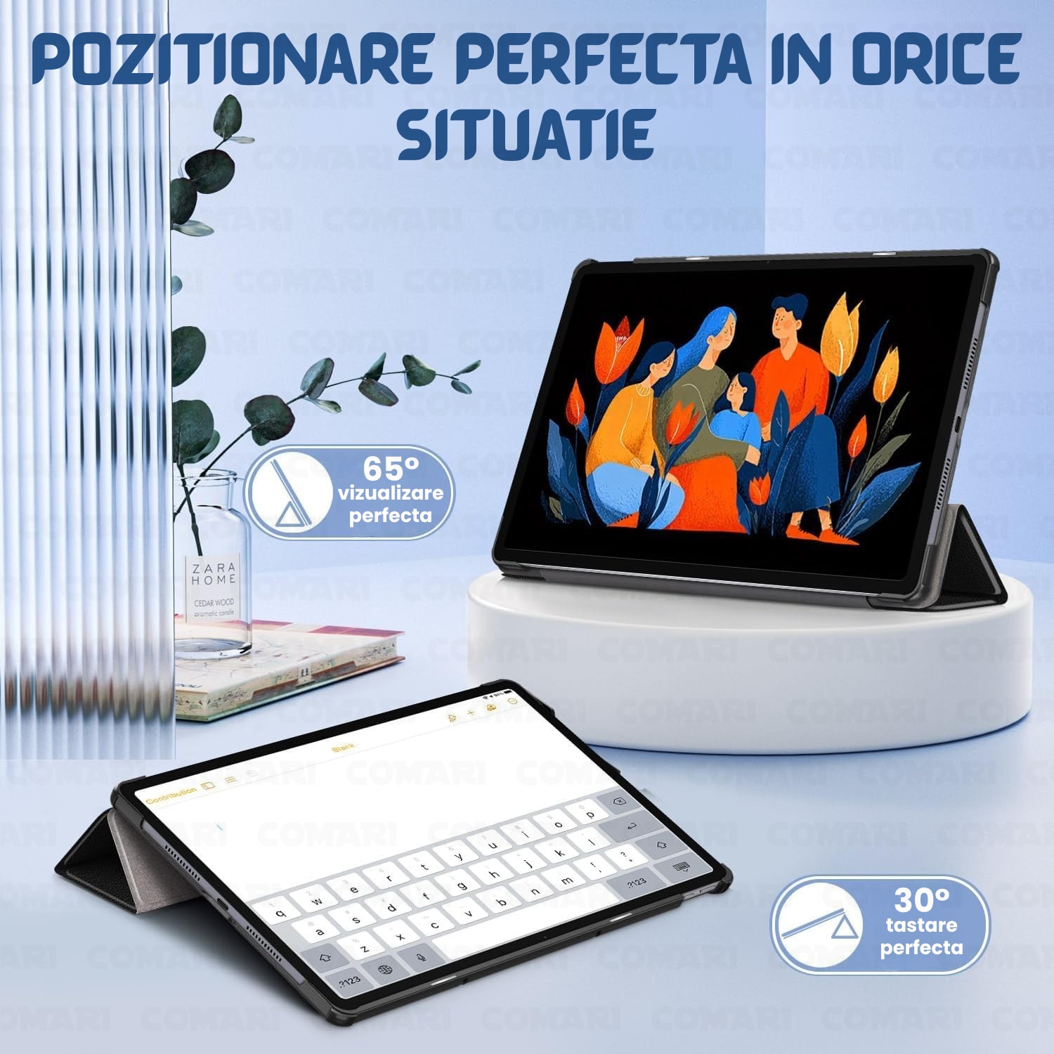 Husa pentru Lenovo Idea Tab Plus 12.1 Comari® EliteCover, protectie completa, functie stand multipla, design elegant tip carte, Albastru